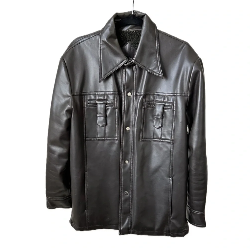 RARE! 70S CHOCOLATE BROWN VEGAN LEATHER SNAP BUTTON JACKET DAGGER COLLAR- Mens M - Picture 13 of 13